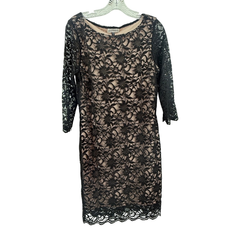 Neiman Marcus Black Floral Lace Sequin Sheath Dress 3/4 Sleeve Size 10 Wedding